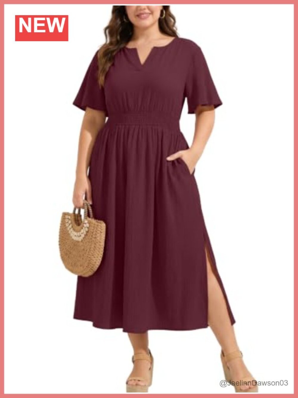 Plus Size Smocked V-Neck Maxi Dress with Pockets Flutter Sleeve